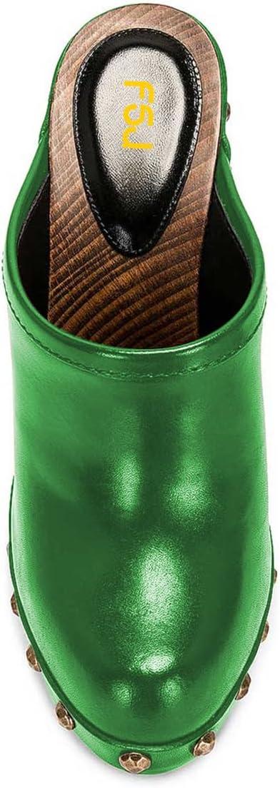 imageFSJ Women Closed Round Toe Mules Wooden Block High Heel Clogs Slip On Studded Platform Sandals Vintage Dress Slide Shoes Size 416 USGreen