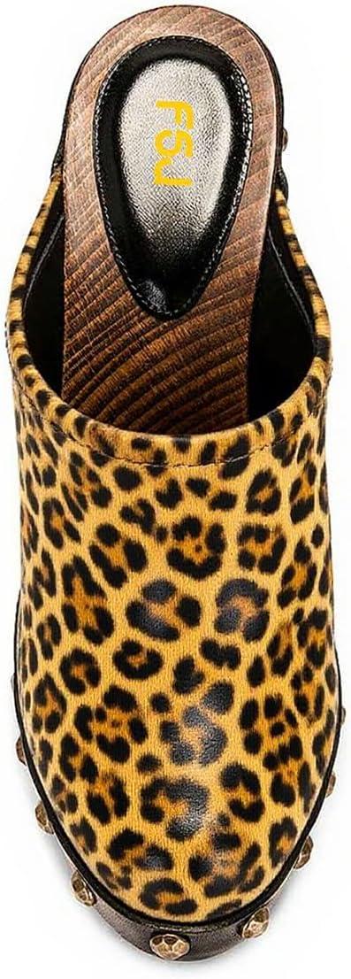 imageFSJ Women Closed Round Toe Mules Wooden Block High Heel Clogs Slip On Studded Platform Sandals Vintage Dress Slide Shoes Size 416 USLeopard