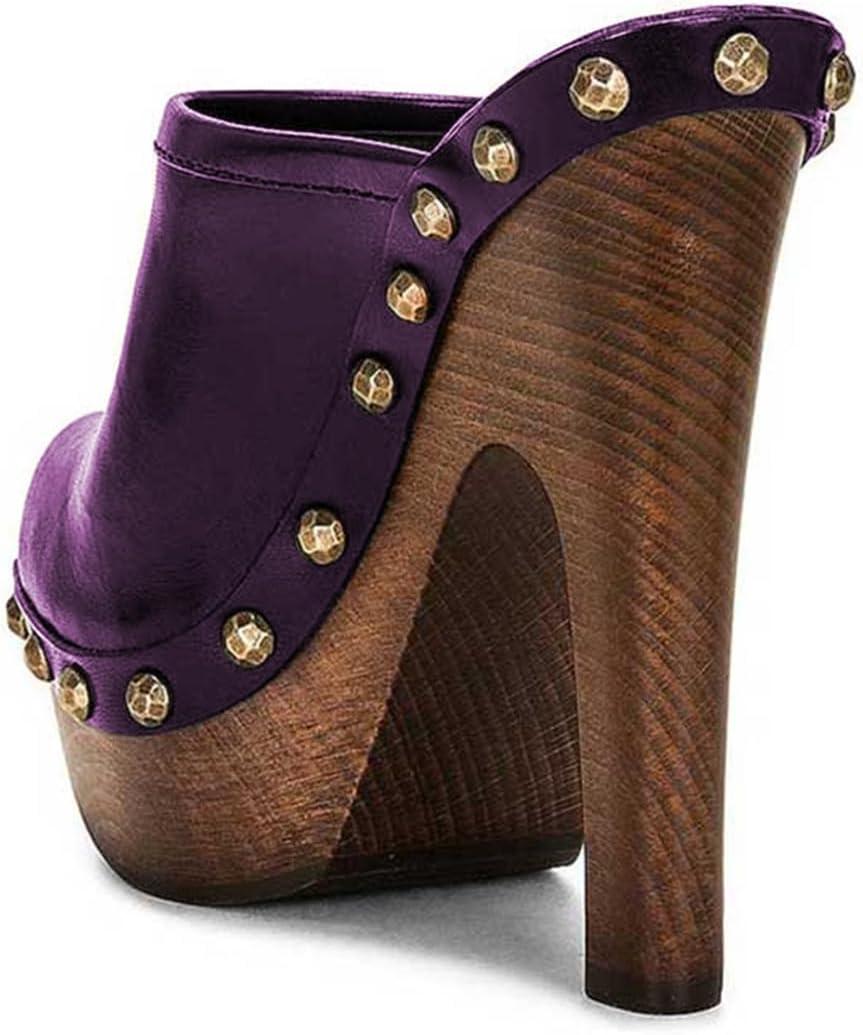 imageFSJ Women Closed Round Toe Mules Wooden Block High Heel Clogs Slip On Studded Platform Sandals Vintage Dress Slide Shoes Size 416 USPurple