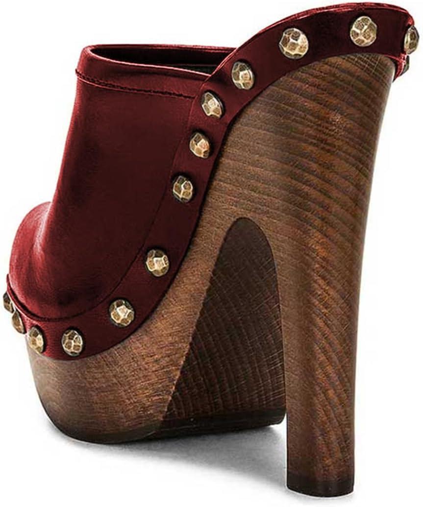 imageFSJ Women Closed Round Toe Mules Wooden Block High Heel Clogs Slip On Studded Platform Sandals Vintage Dress Slide Shoes Size 416 USRed