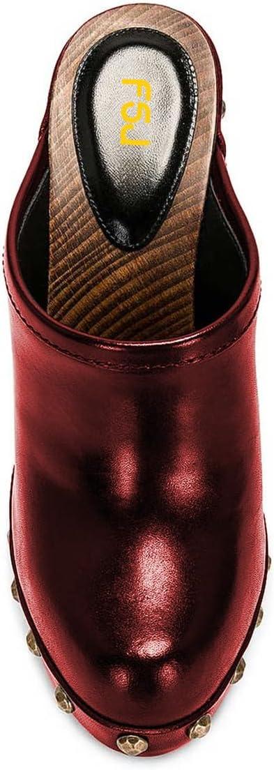 imageFSJ Women Closed Round Toe Mules Wooden Block High Heel Clogs Slip On Studded Platform Sandals Vintage Dress Slide Shoes Size 416 USRed