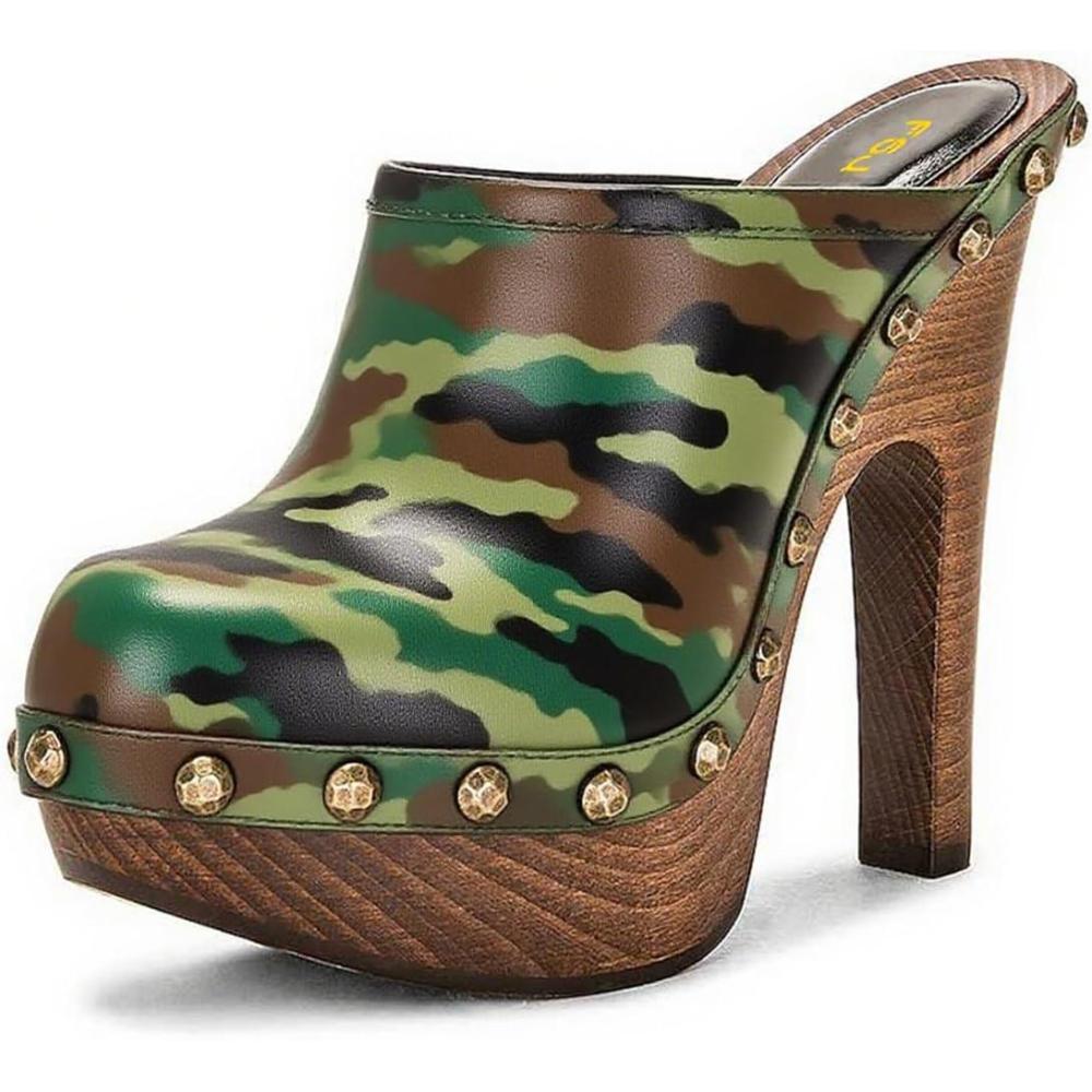 imageFSJ Women Closed Round Toe Mules Wooden Block High Heel Clogs Slip On Studded Platform Sandals Vintage Dress Slide Shoes Size 416 USCamouflage