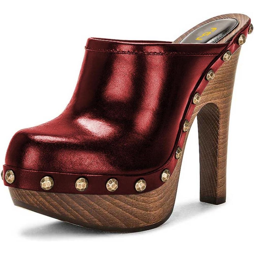 imageFSJ Women Closed Round Toe Mules Wooden Block High Heel Clogs Slip On Studded Platform Sandals Vintage Dress Slide Shoes Size 416 USRed
