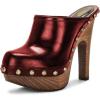 imageFSJ Women Closed Round Toe Mules Wooden Block High Heel Clogs Slip On Studded Platform Sandals Vintage Dress Slide Shoes Size 416 USRed