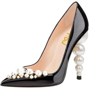 imageFSJ Slip On Pearls Beaded High Heels Slip On Pump Pointed Toe Mirror Effect Shiny Party Dress Club Shoes for Women Pearl 415 USBlackpearls 1
