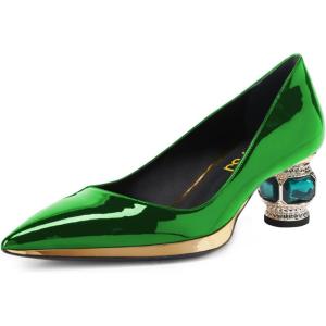 imageFSJ Women Bridal Pointed Toe Chunky Block Low Heel Crystal Pumps Gold Trim Slip on Comfort Wedding Dress Shoes Size 416 USEmerald Green