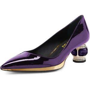 imageFSJ Women Bridal Pointed Toe Chunky Block Low Heel Crystal Pumps Gold Trim Slip on Comfort Wedding Dress Shoes Size 416 USPurple