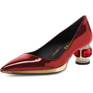 imageFSJ Women Bridal Pointed Toe Chunky Block Low Heel Crystal Pumps Gold Trim Slip on Comfort Wedding Dress Shoes Size 416 USRed