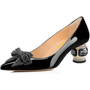 imageFSJ Women Pointed Toe Crystal Pump Rhinestone Bow Block Low Heel Slip On Comfy Date Party Shoes Size 416 USBlack2