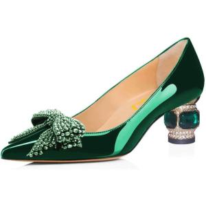 imageFSJ Women Pointed Toe Crystal Pump Rhinestone Bow Block Low Heel Slip On Comfy Date Party Shoes Size 416 USGreen