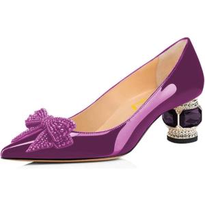 imageFSJ Women Pointed Toe Crystal Pump Rhinestone Bow Block Low Heel Slip On Comfy Date Party Shoes Size 416 USPurple2