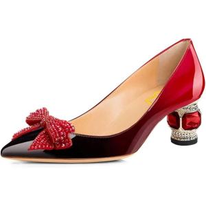imageFSJ Women Pointed Toe Crystal Pump Rhinestone Bow Block Low Heel Slip On Comfy Date Party Shoes Size 416 USRed Gradient