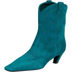 imageFSJ Women Square Toe Comfort Kitten Low Heel Ankle Boot Pull On Bootie Fall Winter Cowgirl Cowboy Dressy Shoes Size 416 USCyan