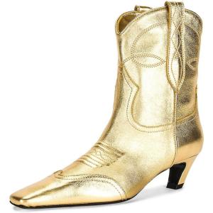 imageFSJ Women Square Toe Comfort Kitten Low Heel Ankle Boot Pull On Bootie Fall Winter Cowgirl Cowboy Dressy Shoes Size 416 USGold