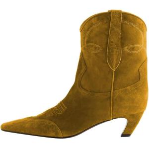 imageFSJ Women Square Toe Comfort Kitten Low Heel Ankle Boot Pull On Bootie Fall Winter Cowgirl Cowboy Dressy Shoes Size 416 USGoldenrod Suede