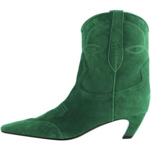 imageFSJ Women Square Toe Comfort Kitten Low Heel Ankle Boot Pull On Bootie Fall Winter Cowgirl Cowboy Dressy Shoes Size 416 USGreen Suede