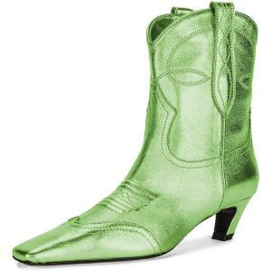 imageFSJ Women Square Toe Comfort Kitten Low Heel Ankle Boot Pull On Bootie Fall Winter Cowgirl Cowboy Dressy Shoes Size 416 USLight Green Metallic Leather