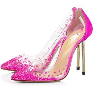 imageFSJ Women Studded Pointed Toe Transparent Pumps High Heels Shoes with Cute Bowknot US Size 415 MFuchsia