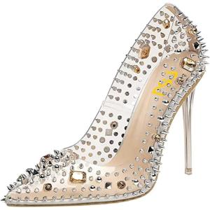 imageFSJ Women Studded Pointed Toe Transparent Pumps High Heels Shoes with Cute Bowknot US Size 415 MRivets