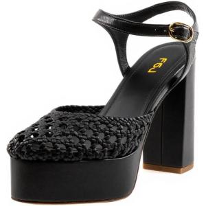 imageFSJ Women Closed Toe Woven Sandals Summer Platform Chunky High Heel Ankle Strap Chic Hollow Braided Breathable Wedding Shoes Size 416 USBlack