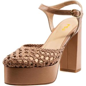 imageFSJ Women Closed Toe Woven Sandals Summer Platform Chunky High Heel Ankle Strap Chic Hollow Braided Breathable Wedding Shoes Size 416 USBrown