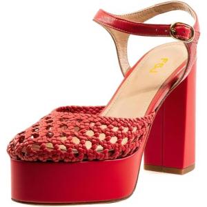 imageFSJ Women Closed Toe Woven Sandals Summer Platform Chunky High Heel Ankle Strap Chic Hollow Braided Breathable Wedding Shoes Size 416 USRed
