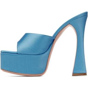 imageFSJ Women Slip On Platform Heeled Sandals Peep Open Toe Chunky Block High Heels Mules Backless Summer Dress Slide Sandals Size 415 USBlue Satin