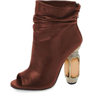 imageFSJ Women Stylish Peep Toe Slouch Ankle Boots Chunky Stacked Heels Party Prom Nightclub Evening Wedding Crystal Heel Dress Shoes Size 415 USBrown