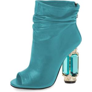 imageFSJ Women Stylish Peep Toe Slouch Ankle Boots Chunky Stacked Heels Party Prom Nightclub Evening Wedding Crystal Heel Dress Shoes Size 415 USTurquoise