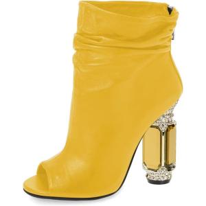 imageFSJ Women Stylish Peep Toe Slouch Ankle Boots Chunky Stacked Heels Party Prom Nightclub Evening Wedding Crystal Heel Dress Shoes Size 415 USYellow
