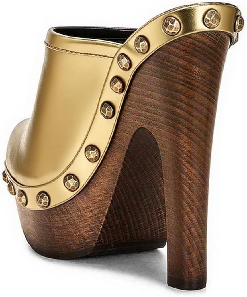 imageFSJ Women Closed Round Toe Mules Wooden Block High Heel Clogs Slip On Studded Platform Sandals Vintage Dress Slide Shoes Size 416 USGold