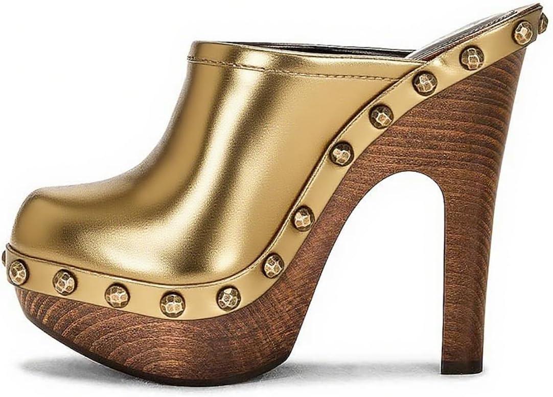 imageFSJ Women Closed Round Toe Mules Wooden Block High Heel Clogs Slip On Studded Platform Sandals Vintage Dress Slide Shoes Size 416 USGold