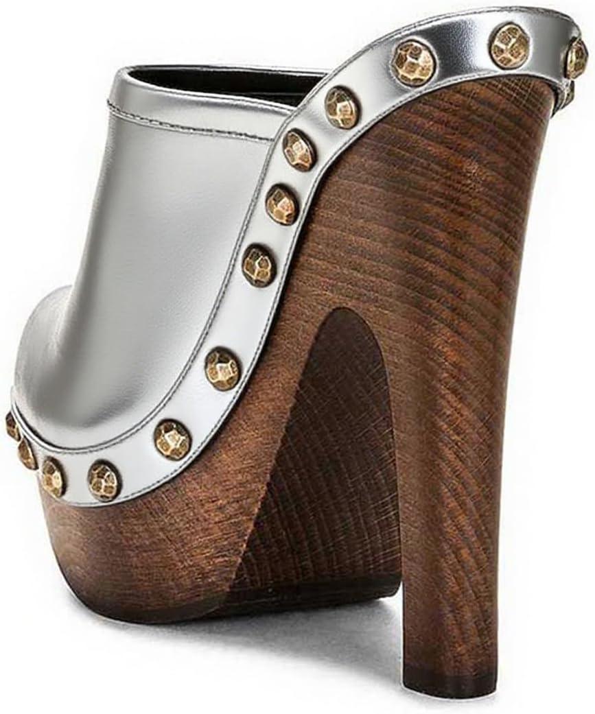 imageFSJ Women Closed Round Toe Mules Wooden Block High Heel Clogs Slip On Studded Platform Sandals Vintage Dress Slide Shoes Size 416 USSilver