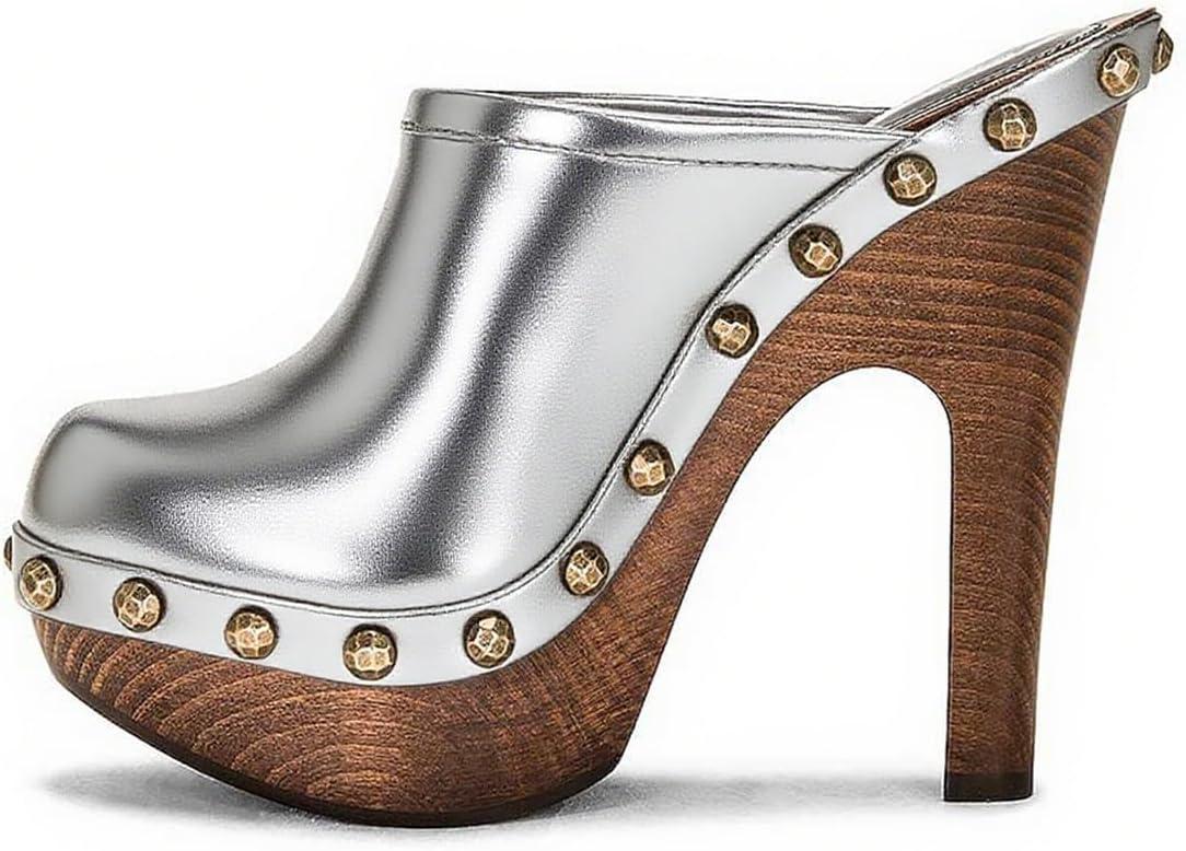 imageFSJ Women Closed Round Toe Mules Wooden Block High Heel Clogs Slip On Studded Platform Sandals Vintage Dress Slide Shoes Size 416 USSilver