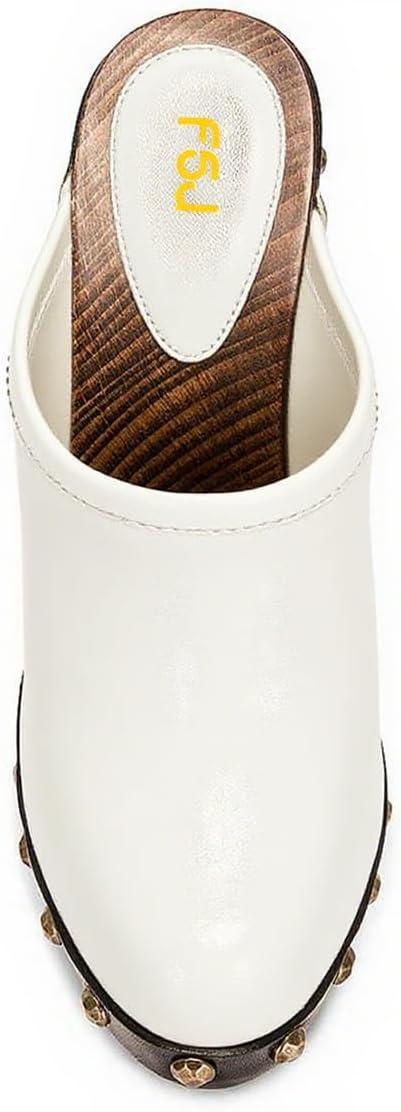 imageFSJ Women Closed Round Toe Mules Wooden Block High Heel Clogs Slip On Studded Platform Sandals Vintage Dress Slide Shoes Size 416 USWhite
