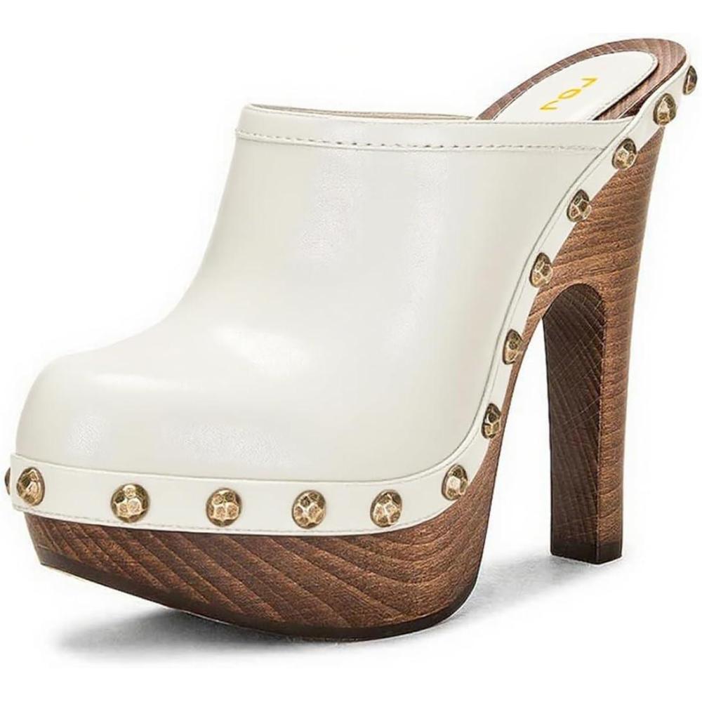 imageFSJ Women Closed Round Toe Mules Wooden Block High Heel Clogs Slip On Studded Platform Sandals Vintage Dress Slide Shoes Size 416 USWhite