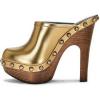 imageFSJ Women Closed Round Toe Mules Wooden Block High Heel Clogs Slip On Studded Platform Sandals Vintage Dress Slide Shoes Size 416 USGold