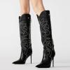 imageFSJ Women Western Knee High Boots Embroidery Pointed Toe Stiletto Heel Studded Pull On Thigh High Tall Retro Long Boots Size 416 USBlack
