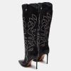 imageFSJ Women Western Knee High Boots Embroidery Pointed Toe Stiletto Heel Studded Pull On Thigh High Tall Retro Long Boots Size 416 USBlack