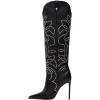 imageFSJ Women Western Knee High Boots Embroidery Pointed Toe Stiletto Heel Studded Pull On Thigh High Tall Retro Long Boots Size 416 USBlack