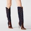 imageFSJ Women Western Knee High Boots Embroidery Pointed Toe Stiletto Heel Studded Pull On Thigh High Tall Retro Long Boots Size 416 USBrown Navy