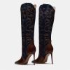 imageFSJ Women Western Knee High Boots Embroidery Pointed Toe Stiletto Heel Studded Pull On Thigh High Tall Retro Long Boots Size 416 USBrown Navy