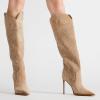 imageFSJ Women Western Knee High Boots Embroidery Pointed Toe Stiletto Heel Studded Pull On Thigh High Tall Retro Long Boots Size 416 USBrown Suede