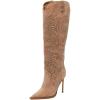 imageFSJ Women Western Knee High Boots Embroidery Pointed Toe Stiletto Heel Studded Pull On Thigh High Tall Retro Long Boots Size 416 USBrown Suede