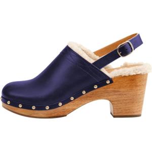imageFSJ Women Closed Round Toe Clogs Fur Lining Rivets Wooden Chunky Mid Heel Slingback Mules with Studs Comfortable Shoes Size 416 USBlue