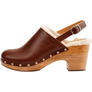 imageFSJ Women Closed Round Toe Clogs Fur Lining Rivets Wooden Chunky Mid Heel Slingback Mules with Studs Comfortable Shoes Size 416 USBrown