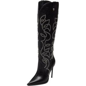 imageFSJ Women Western Knee High Boots Embroidery Pointed Toe Stiletto Heel Studded Pull On Thigh High Tall Retro Long Boots Size 416 USBlack
