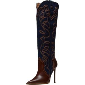 imageFSJ Women Western Knee High Boots Embroidery Pointed Toe Stiletto Heel Studded Pull On Thigh High Tall Retro Long Boots Size 416 USBrown Navy