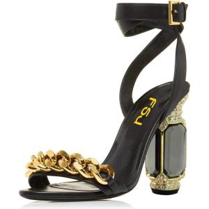 imageFSJ Women Open Toe Stylish Sandals Ankle Strap Chunky Block High Thick Heels Wedding Party Ballroom Shoes Size 415 USBlack Chain