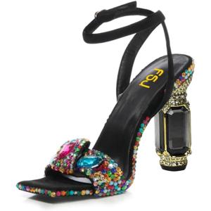 imageFSJ Women Open Toe Stylish Sandals Ankle Strap Chunky Block High Thick Heels Wedding Party Ballroom Shoes Size 415 USBlack Gems